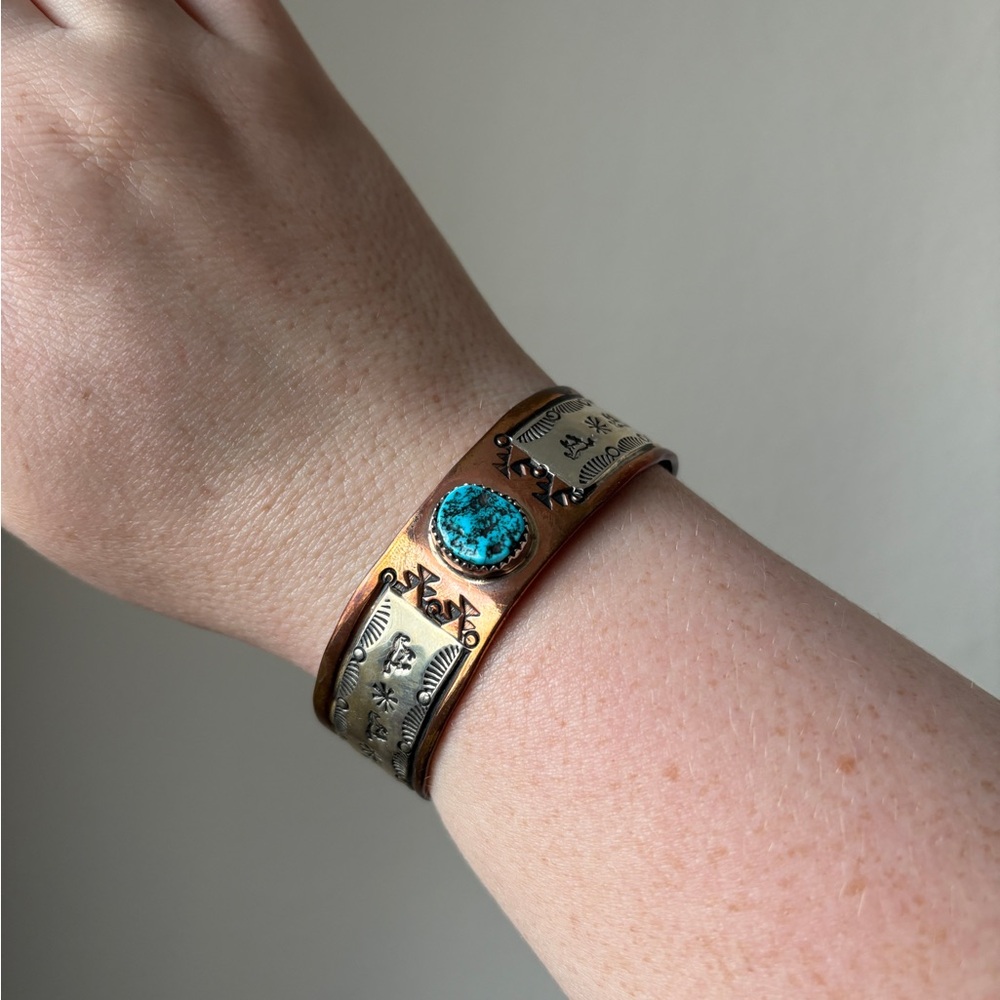 Signed Native American Indian jewelry cuff sterling silver turquoise and copper